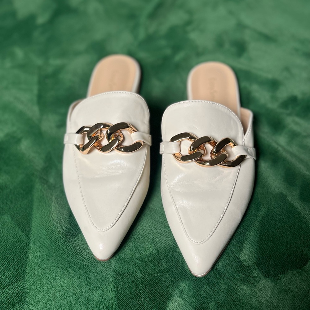 Elegant White Mules with Gold Chain Detail